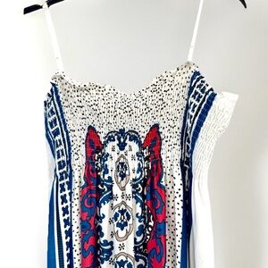 Meng Gu Womens Dress Sizes Spaghetti Strap Smocked White Printed Multicolor